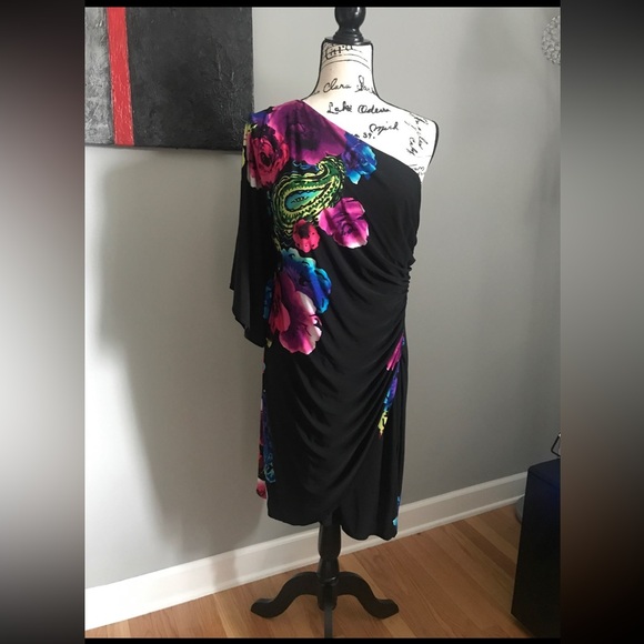 GORGEOUS Sexy Black Floral BISOU BISOU One Shoulder BODYCON Dress FAUX WRAP - Picture 1 of 7